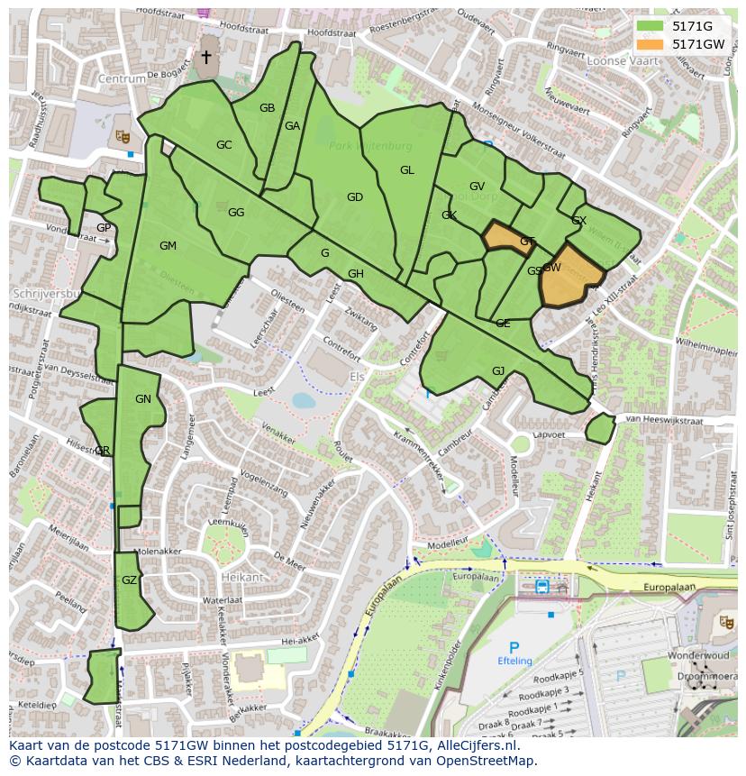 Afbeelding van het postcodegebied 5171 GW op de kaart.