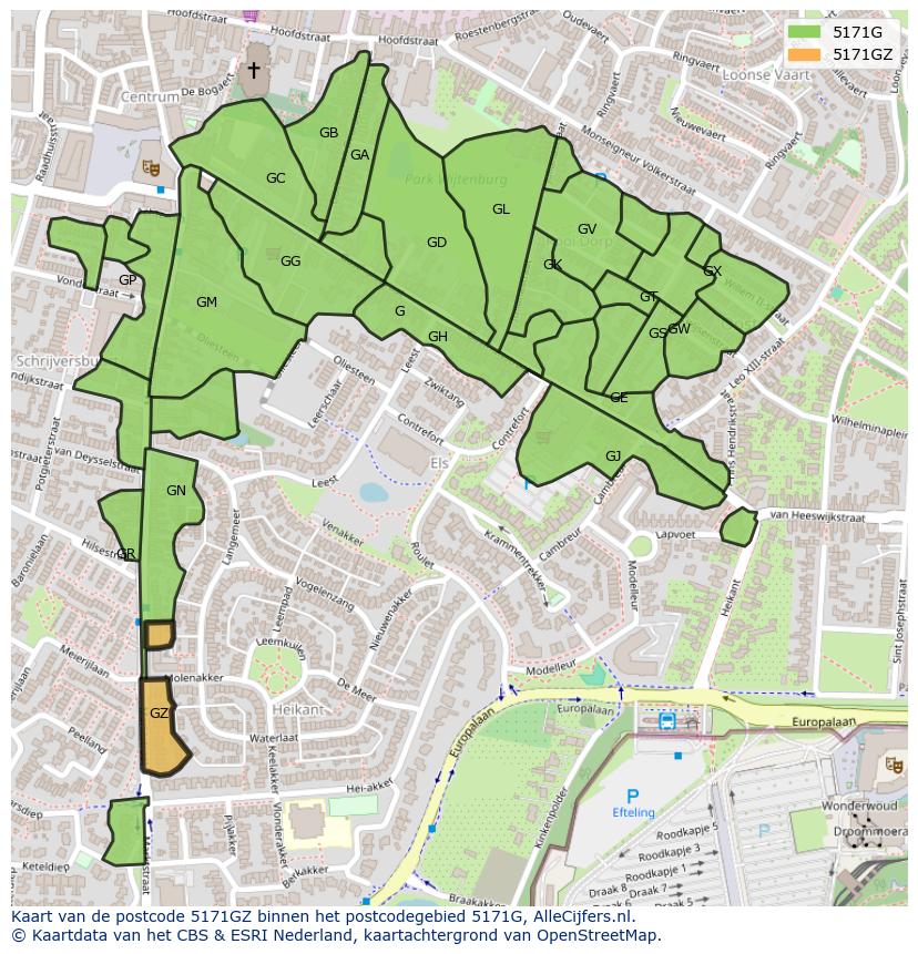Afbeelding van het postcodegebied 5171 GZ op de kaart.