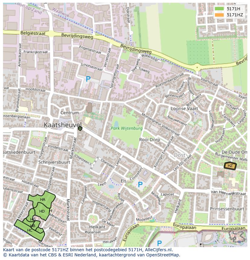 Afbeelding van het postcodegebied 5171 HZ op de kaart.
