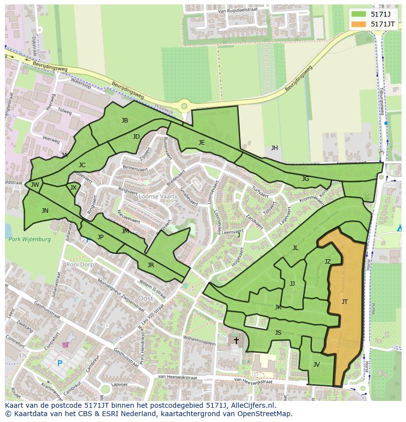 Afbeelding van het postcodegebied 5171 JT op de kaart.
