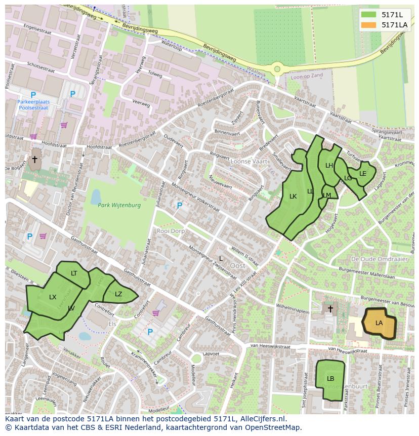 Afbeelding van het postcodegebied 5171 LA op de kaart.
