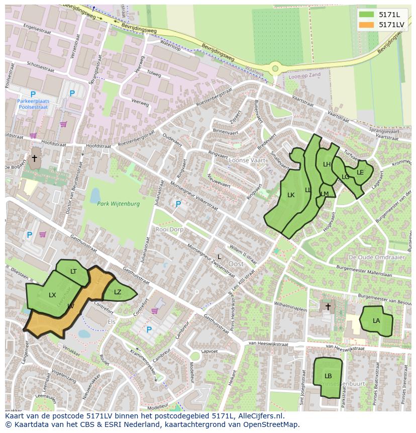 Afbeelding van het postcodegebied 5171 LV op de kaart.