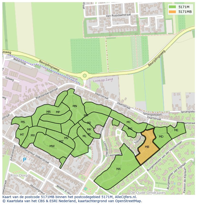 Afbeelding van het postcodegebied 5171 MB op de kaart.