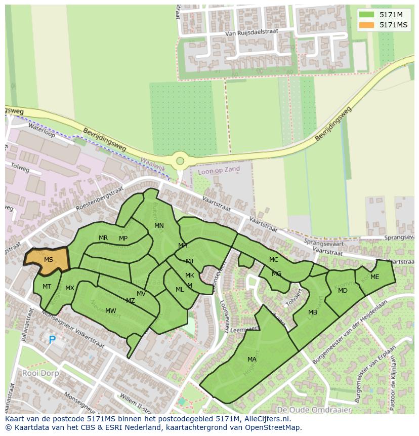 Afbeelding van het postcodegebied 5171 MS op de kaart.