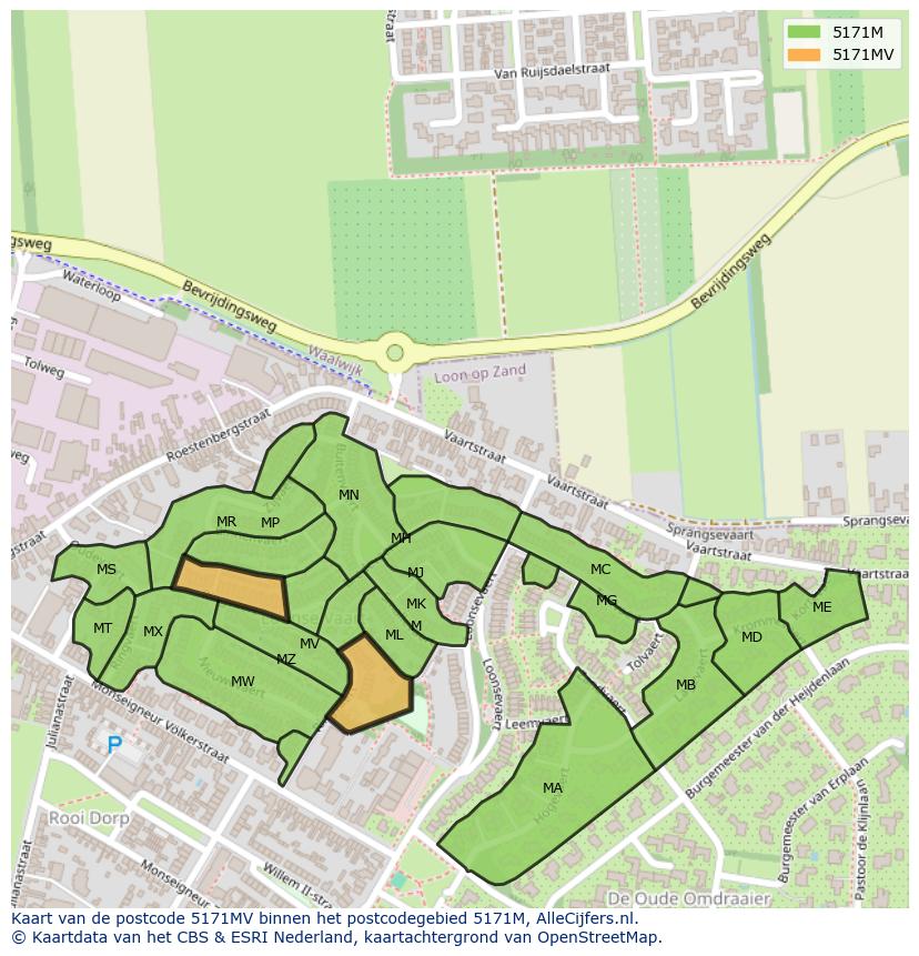 Afbeelding van het postcodegebied 5171 MV op de kaart.