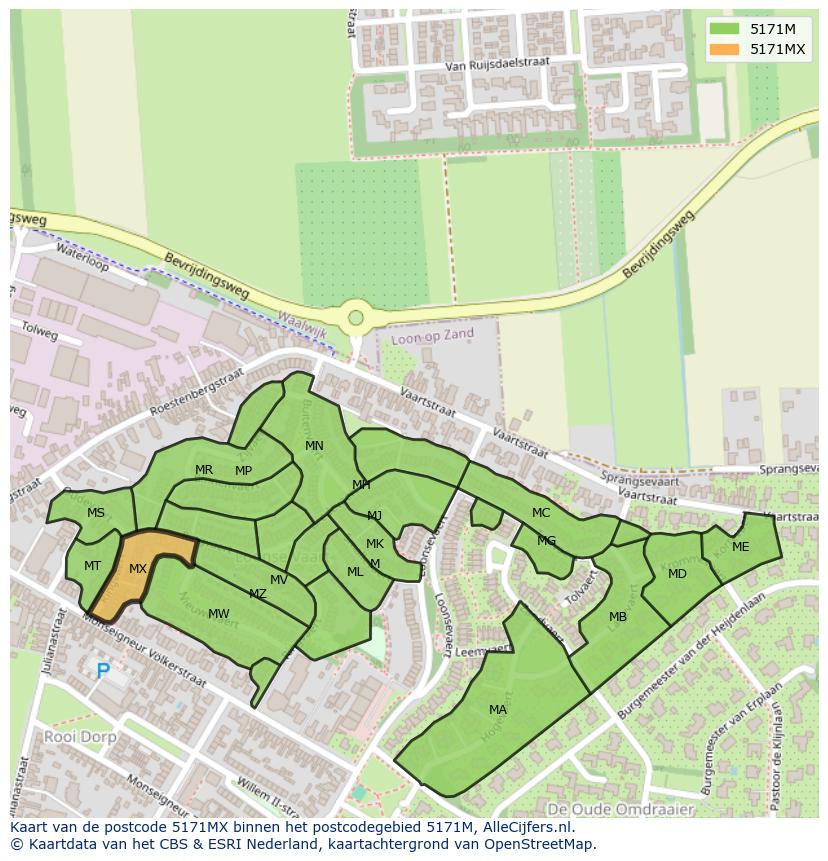 Afbeelding van het postcodegebied 5171 MX op de kaart.