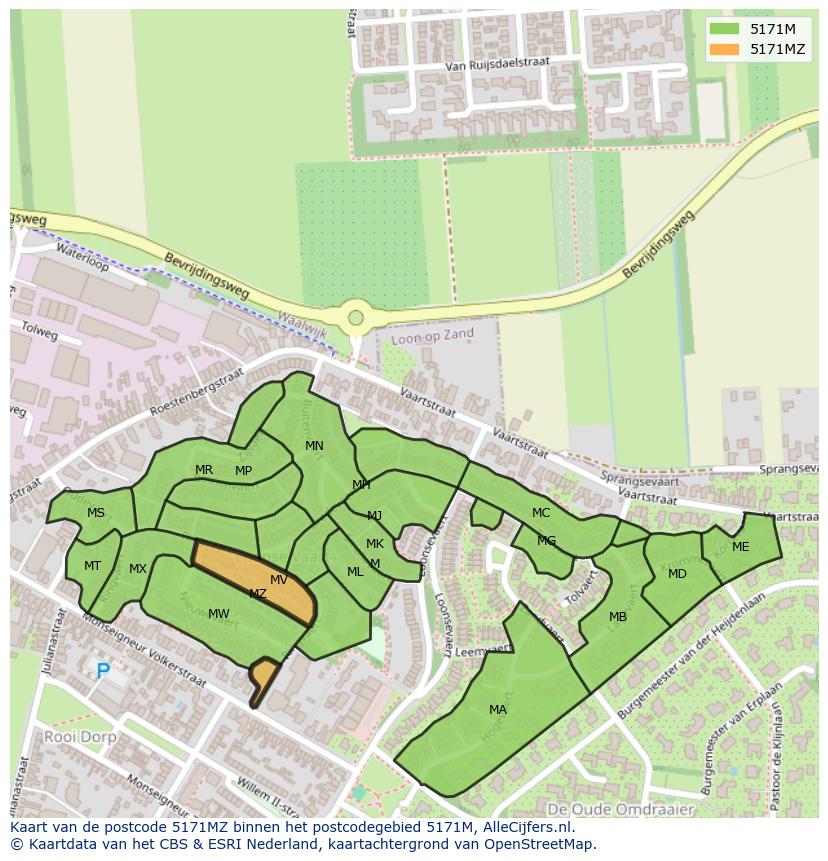 Afbeelding van het postcodegebied 5171 MZ op de kaart.