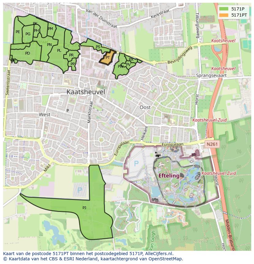 Afbeelding van het postcodegebied 5171 PT op de kaart.