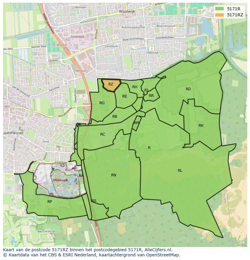 Afbeelding van het postcodegebied 5171 RZ op de kaart.