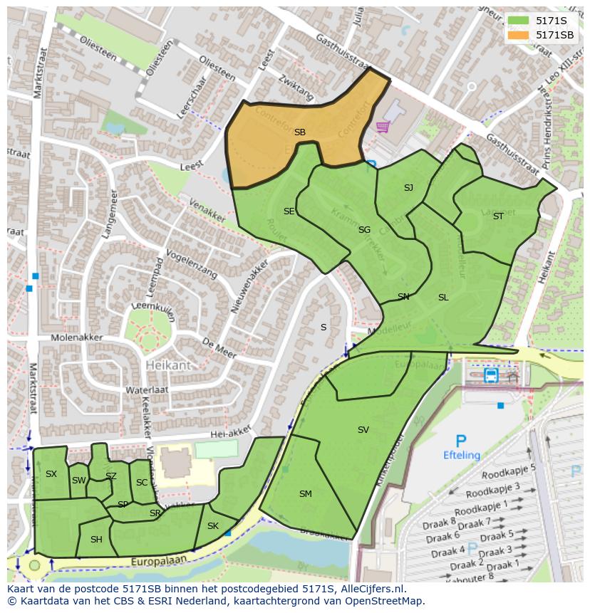 Afbeelding van het postcodegebied 5171 SB op de kaart.
