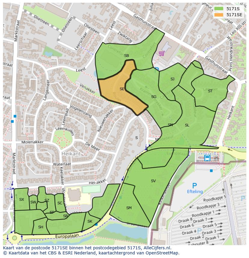 Afbeelding van het postcodegebied 5171 SE op de kaart.