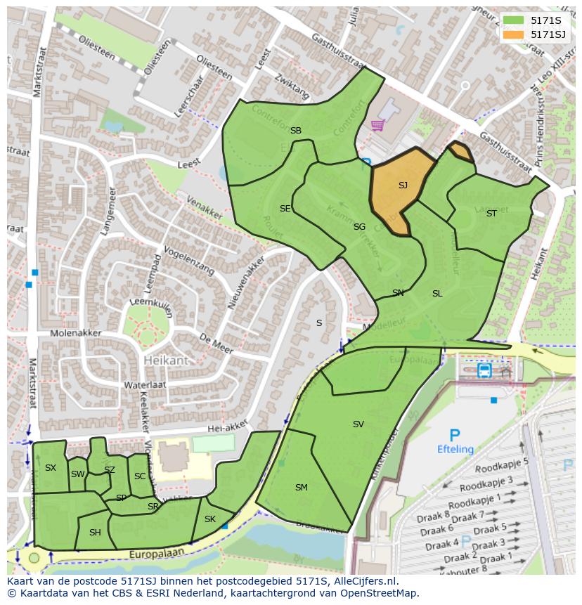 Afbeelding van het postcodegebied 5171 SJ op de kaart.