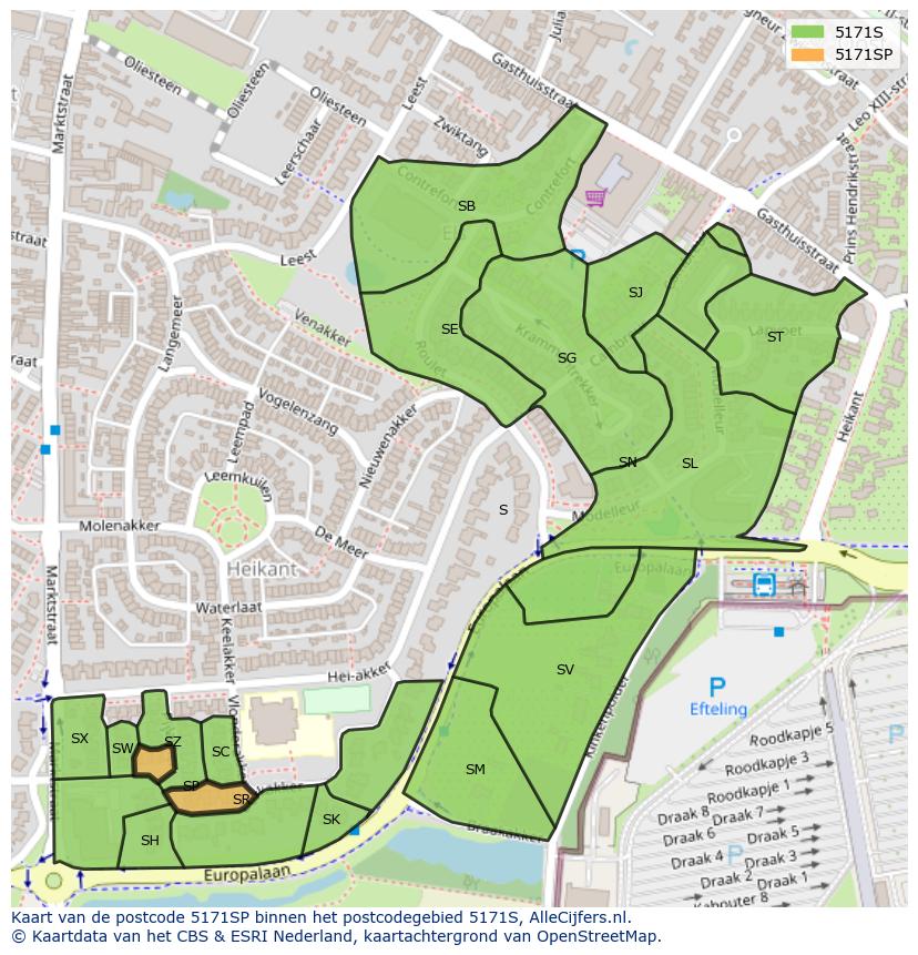 Afbeelding van het postcodegebied 5171 SP op de kaart.