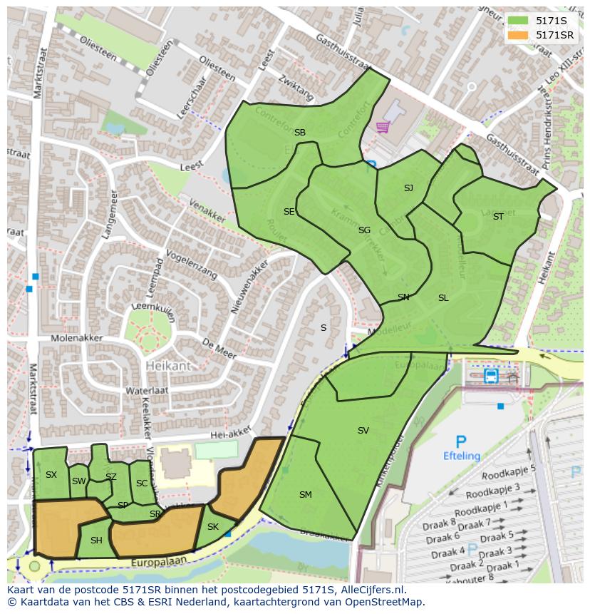 Afbeelding van het postcodegebied 5171 SR op de kaart.