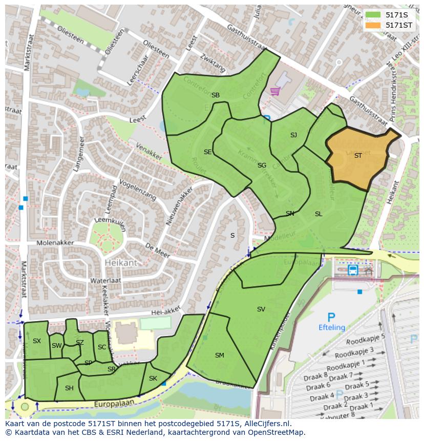 Afbeelding van het postcodegebied 5171 ST op de kaart.