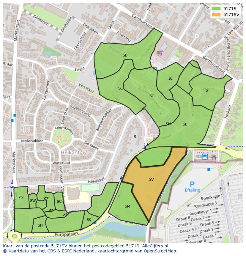 Afbeelding van het postcodegebied 5171 SV op de kaart.