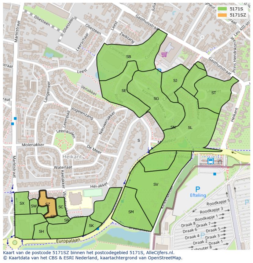 Afbeelding van het postcodegebied 5171 SZ op de kaart.
