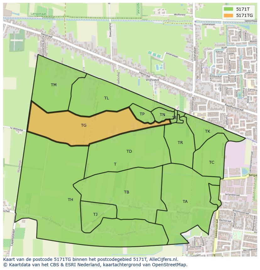 Afbeelding van het postcodegebied 5171 TG op de kaart.