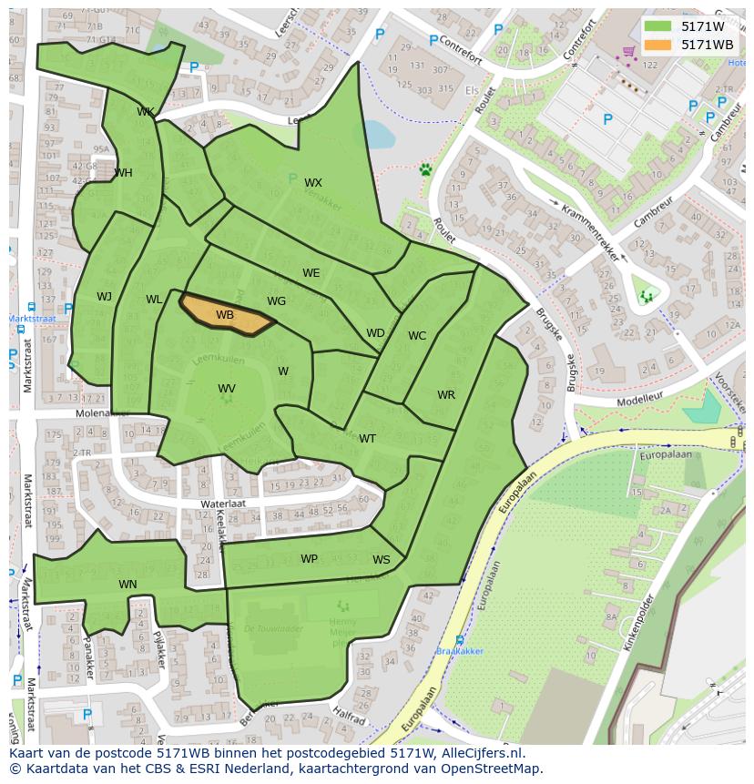 Afbeelding van het postcodegebied 5171 WB op de kaart.