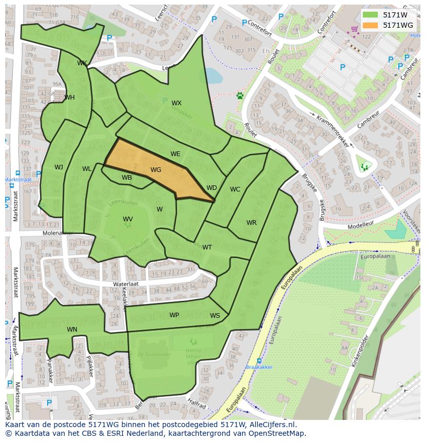 Afbeelding van het postcodegebied 5171 WG op de kaart.