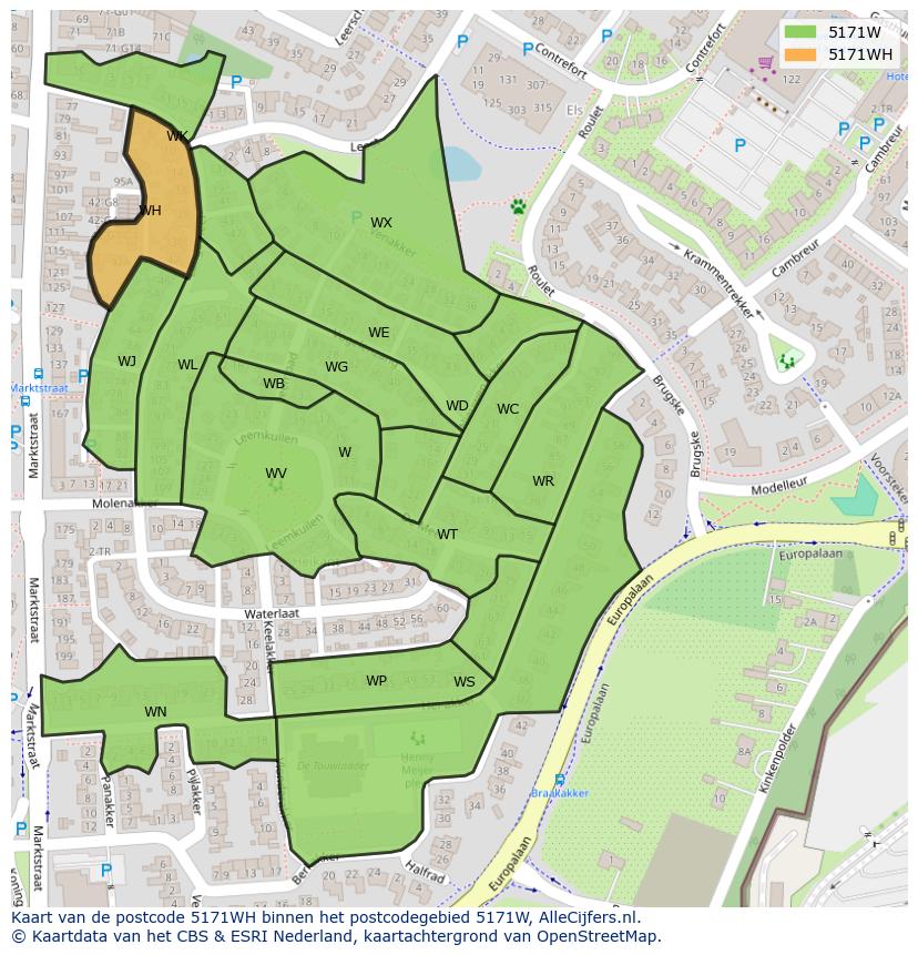 Afbeelding van het postcodegebied 5171 WH op de kaart.