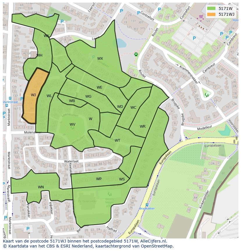 Afbeelding van het postcodegebied 5171 WJ op de kaart.