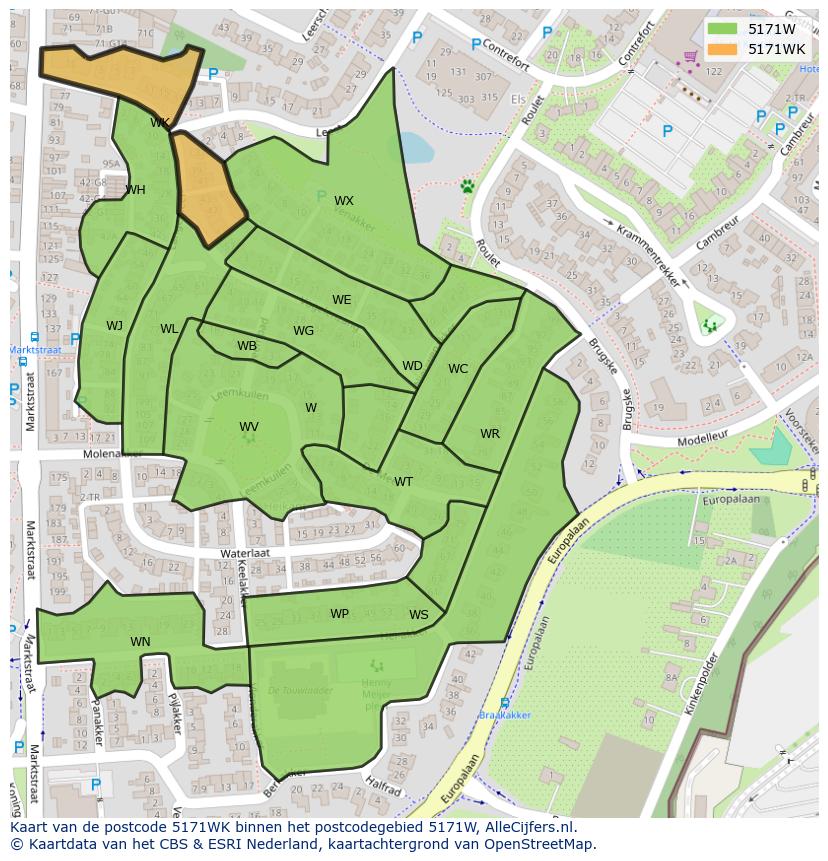 Afbeelding van het postcodegebied 5171 WK op de kaart.