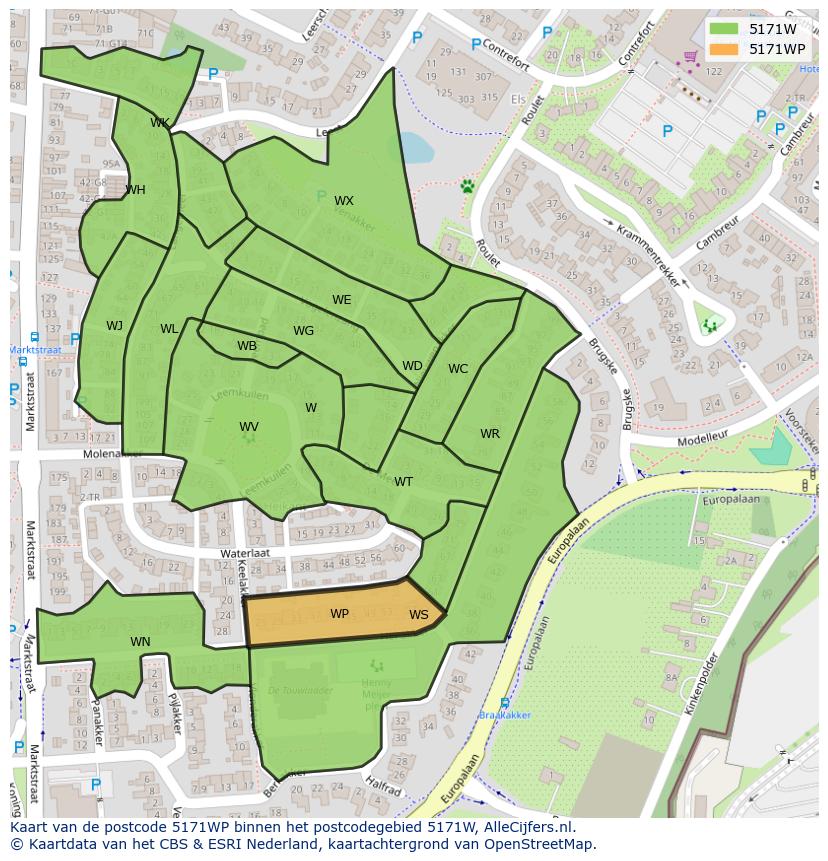 Afbeelding van het postcodegebied 5171 WP op de kaart.
