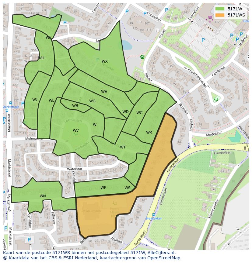 Afbeelding van het postcodegebied 5171 WS op de kaart.