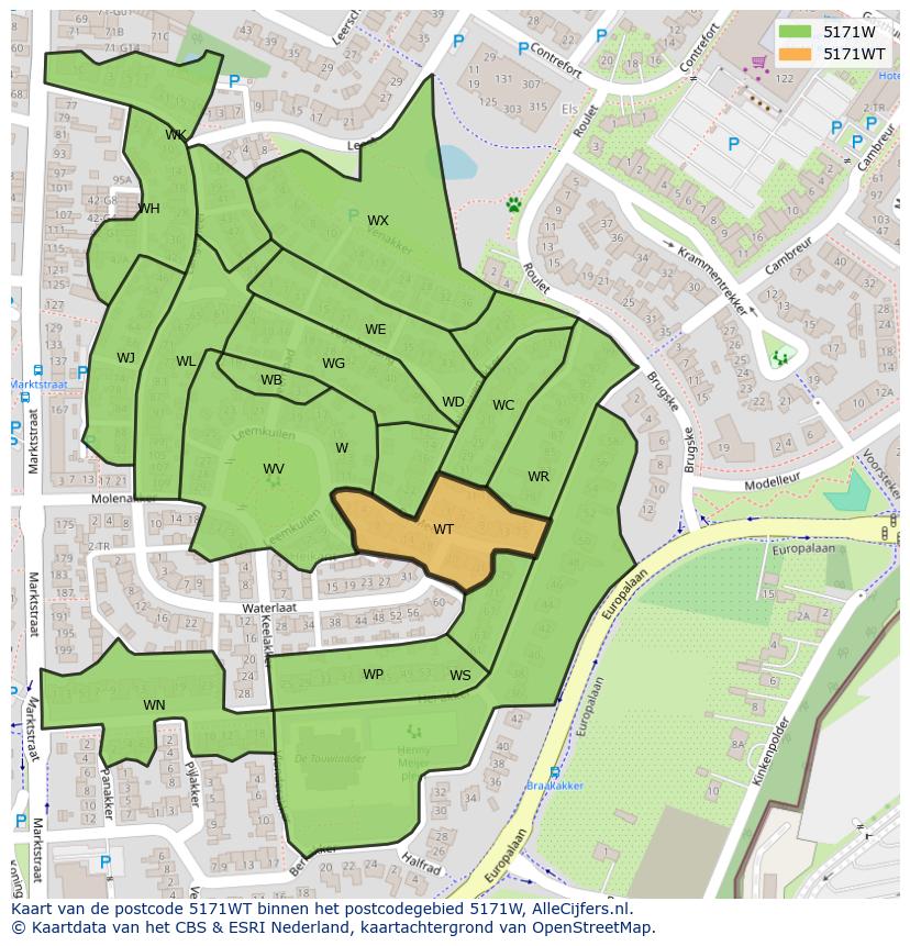 Afbeelding van het postcodegebied 5171 WT op de kaart.