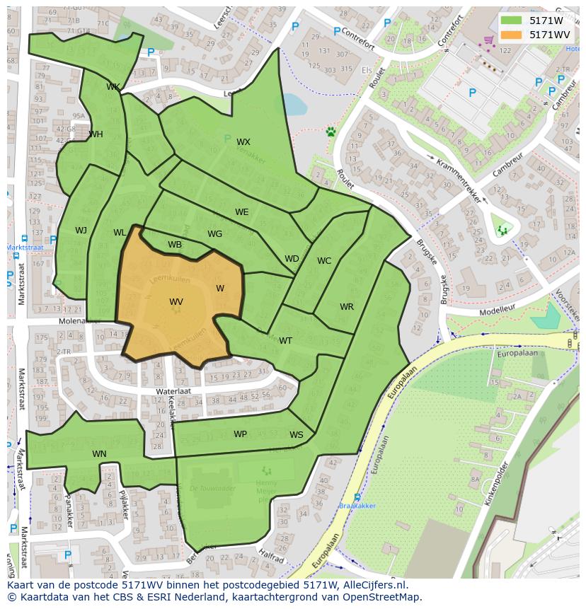 Afbeelding van het postcodegebied 5171 WV op de kaart.