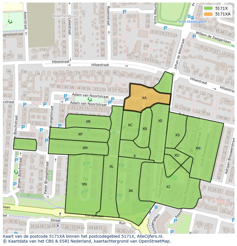 Afbeelding van het postcodegebied 5171 XA op de kaart.