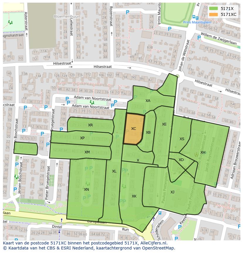 Afbeelding van het postcodegebied 5171 XC op de kaart.