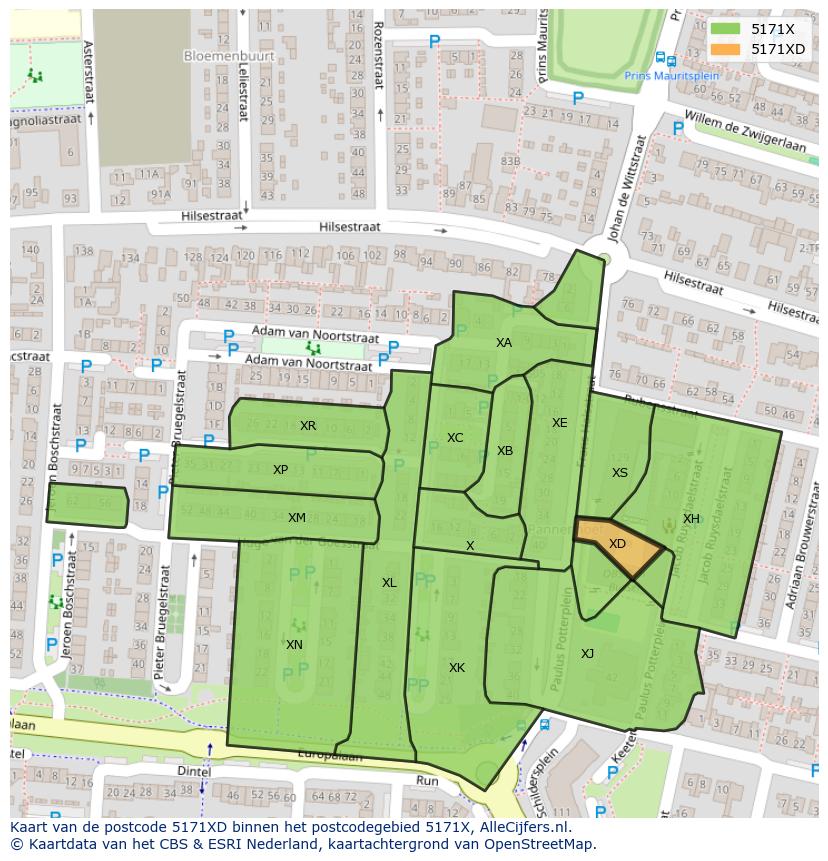 Afbeelding van het postcodegebied 5171 XD op de kaart.