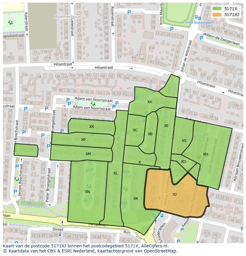 Afbeelding van het postcodegebied 5171 XJ op de kaart.