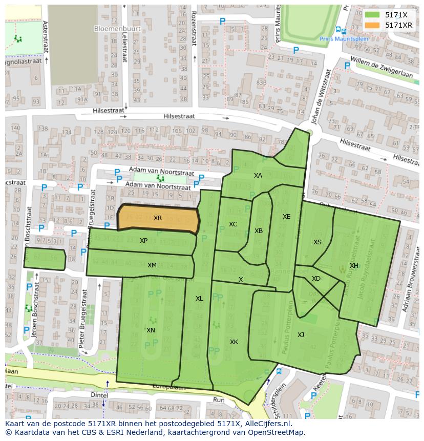 Afbeelding van het postcodegebied 5171 XR op de kaart.