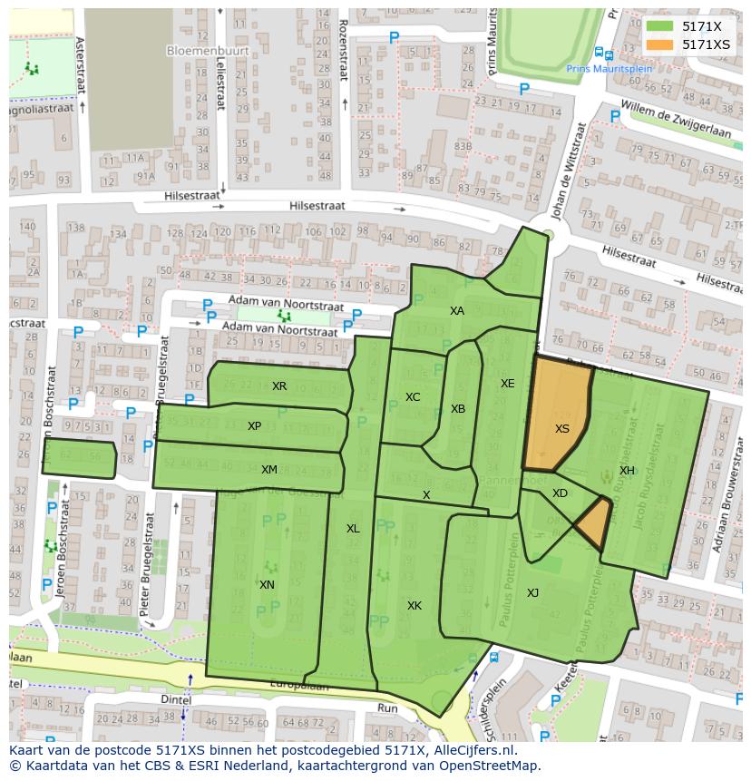 Afbeelding van het postcodegebied 5171 XS op de kaart.