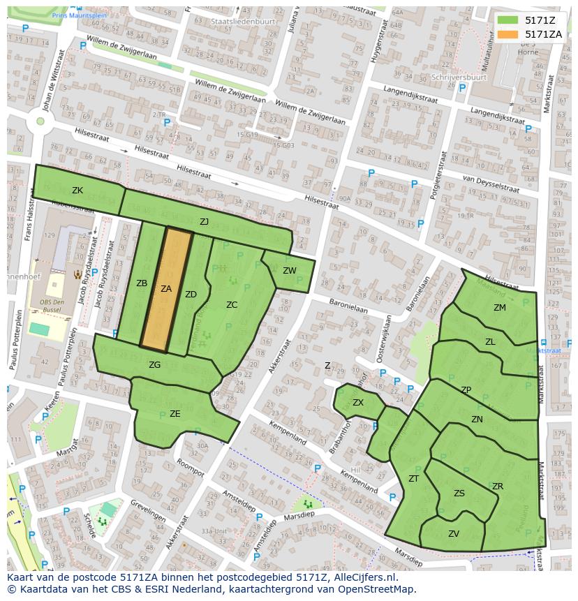 Afbeelding van het postcodegebied 5171 ZA op de kaart.