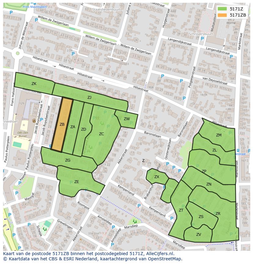 Afbeelding van het postcodegebied 5171 ZB op de kaart.