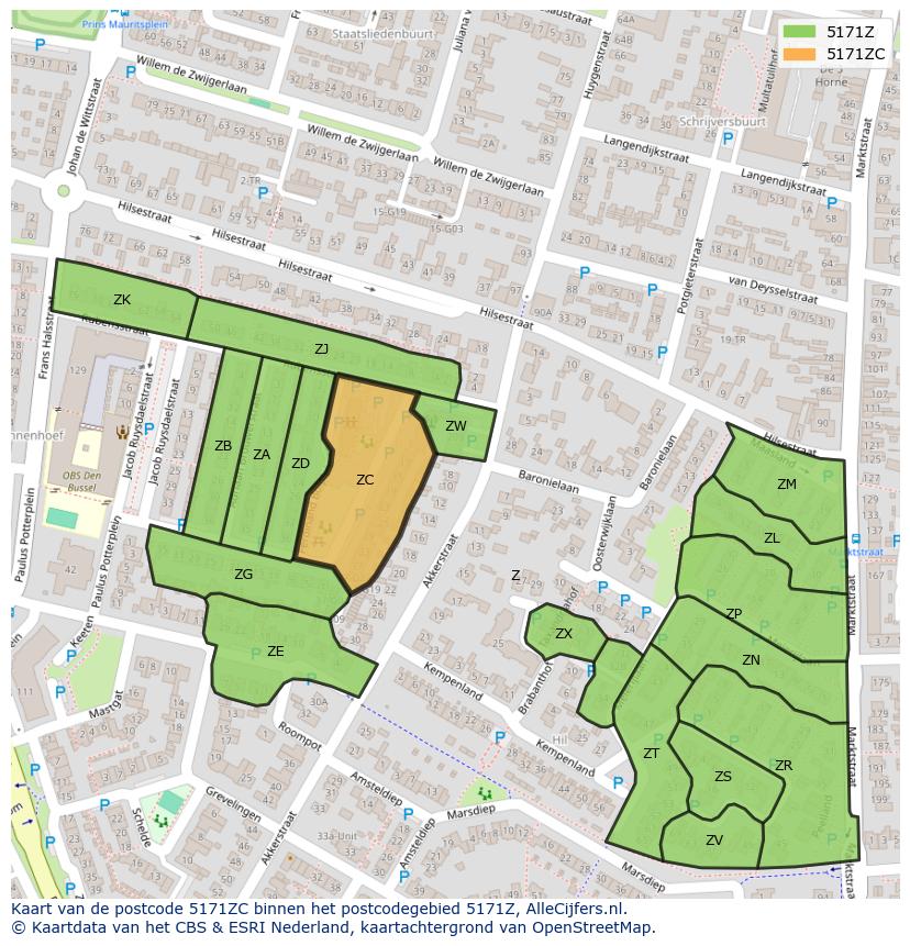 Afbeelding van het postcodegebied 5171 ZC op de kaart.