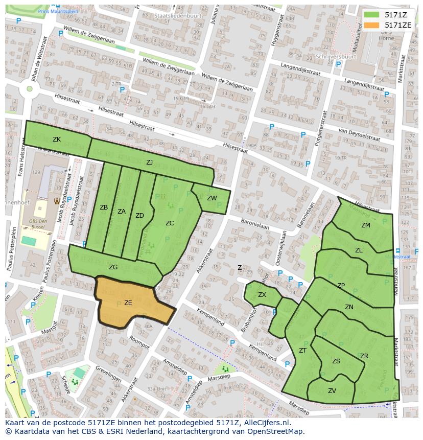 Afbeelding van het postcodegebied 5171 ZE op de kaart.