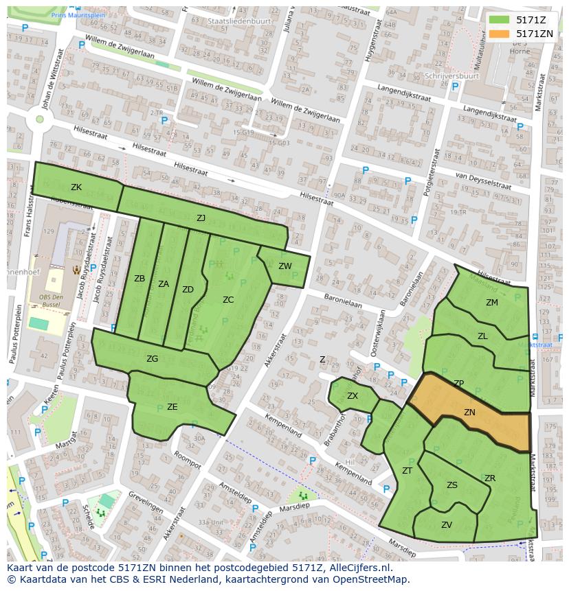 Afbeelding van het postcodegebied 5171 ZN op de kaart.