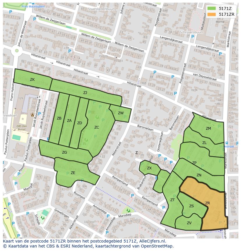 Afbeelding van het postcodegebied 5171 ZR op de kaart.