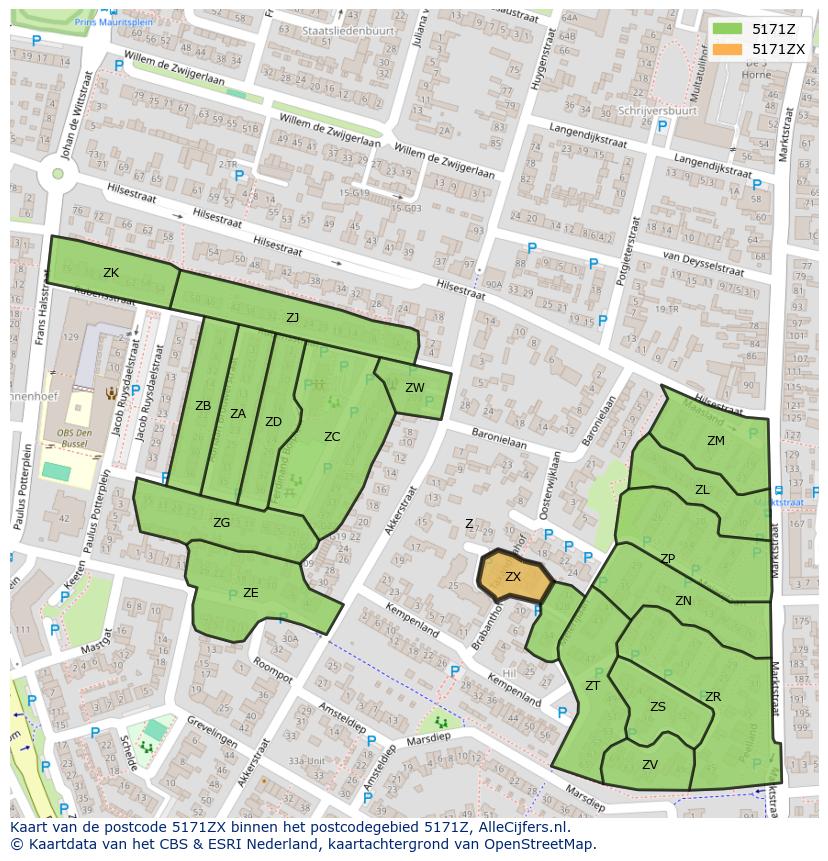 Afbeelding van het postcodegebied 5171 ZX op de kaart.