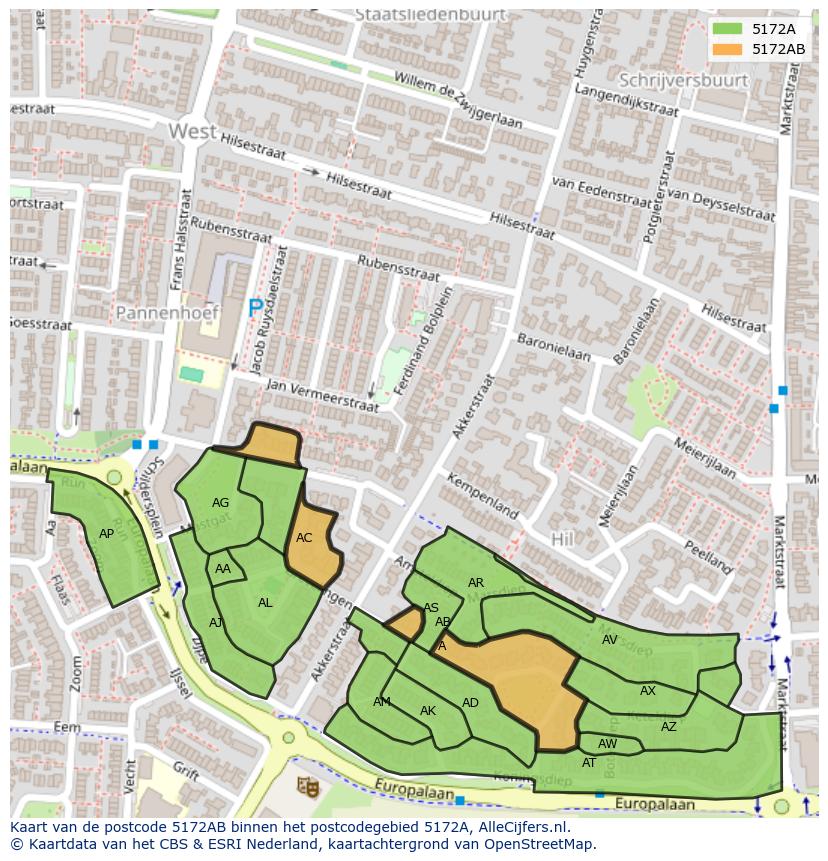 Afbeelding van het postcodegebied 5172 AB op de kaart.