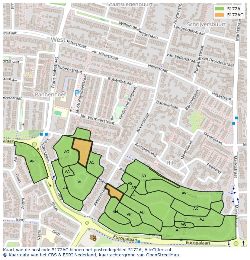 Afbeelding van het postcodegebied 5172 AC op de kaart.