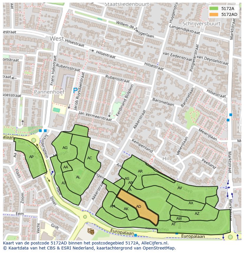 Afbeelding van het postcodegebied 5172 AD op de kaart.