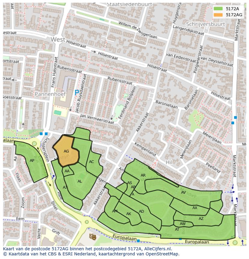 Afbeelding van het postcodegebied 5172 AG op de kaart.