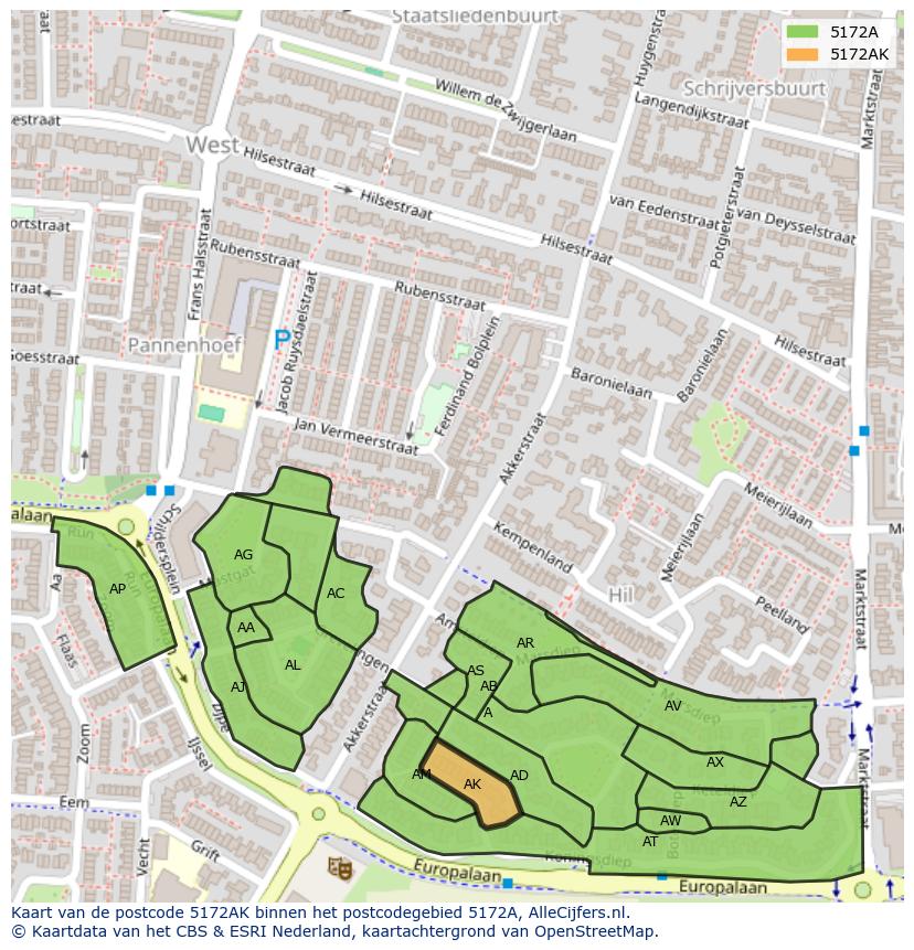 Afbeelding van het postcodegebied 5172 AK op de kaart.