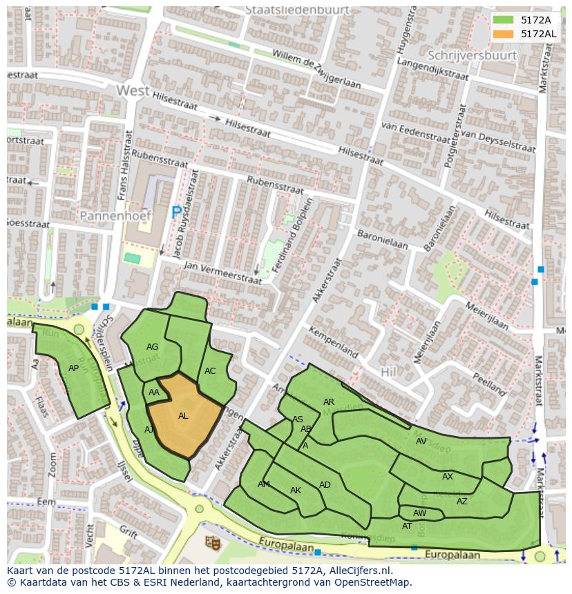 Afbeelding van het postcodegebied 5172 AL op de kaart.